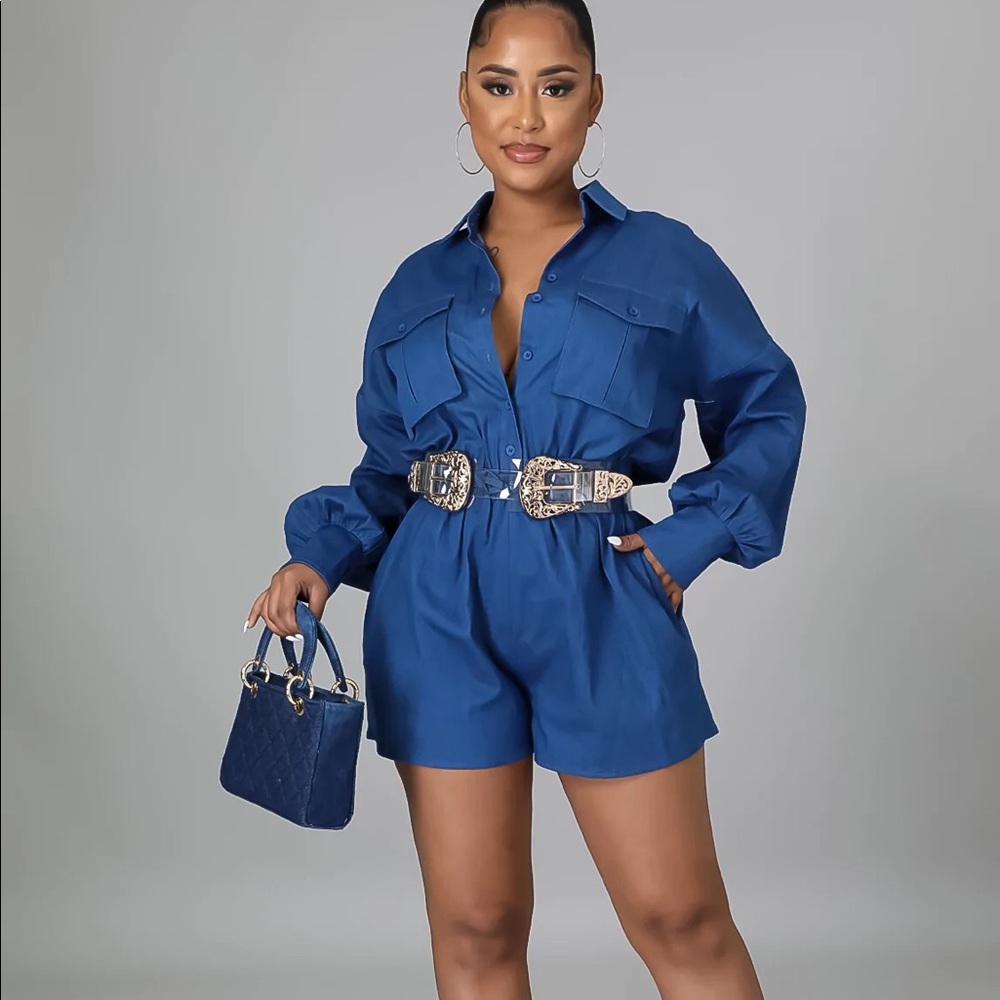 Long Sleeve Denim Romper with Pockets and Elastic Tie Waist XL